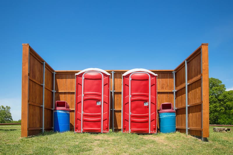 Short-term porta potty units staged for delivery in Ludington, Michigan